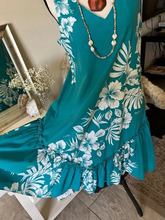 Vtg Hawaiian Washed teal white floral v neck tank midi maxi mumu dress M - Picture 3 of 12